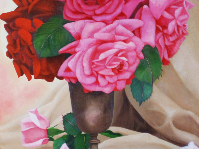 送料無料】志村好子「薔薇」（赤・ピンク）油彩・F6