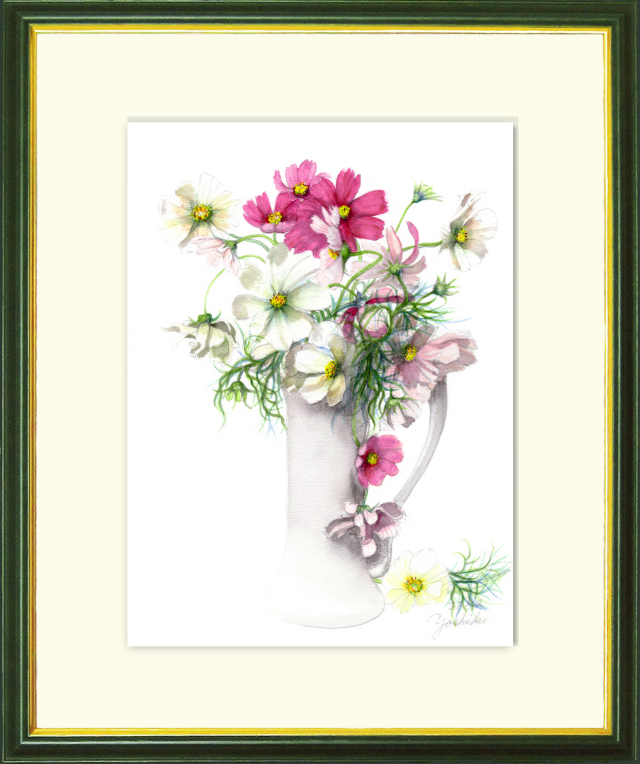 志村好子「コスモス」水彩画（絵寸241×333・額寸377×454mm）