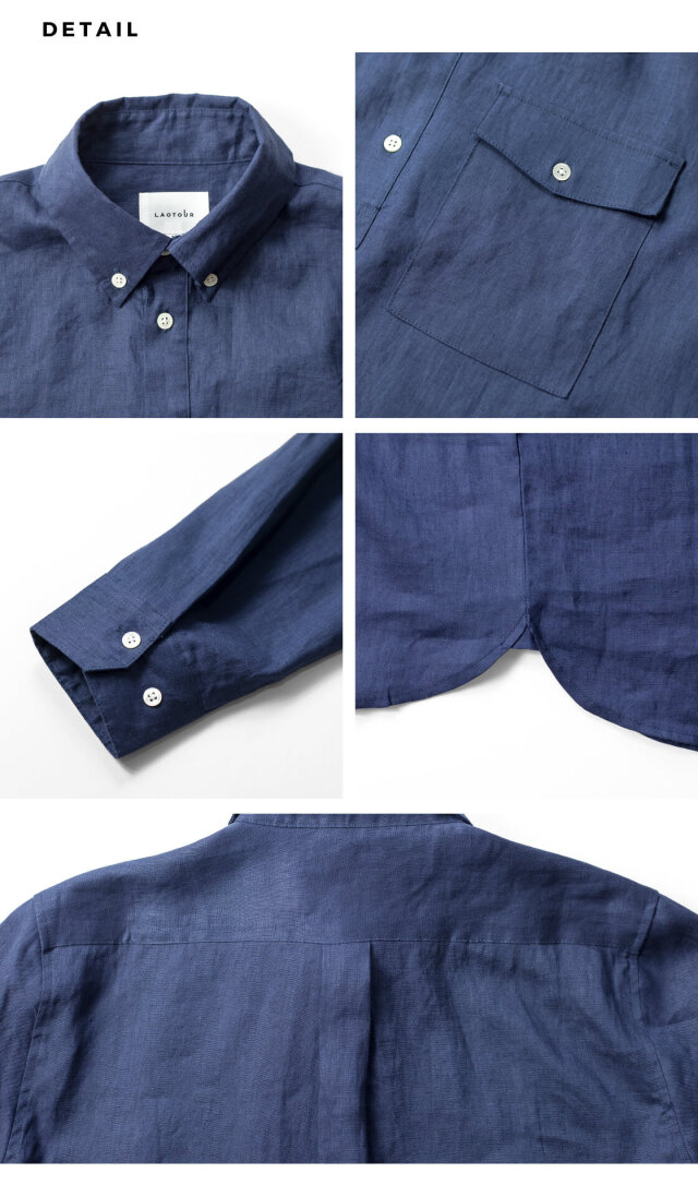 LAOTOUR 麻100％ フレンチリネン プルオーバーボタンダウン長袖シャツ