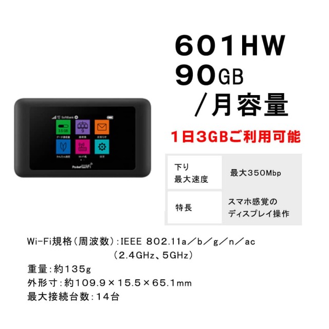 ソフトバンク 601HW ポケットWiFi 月容量90GB Softbank 新規レンタル注文