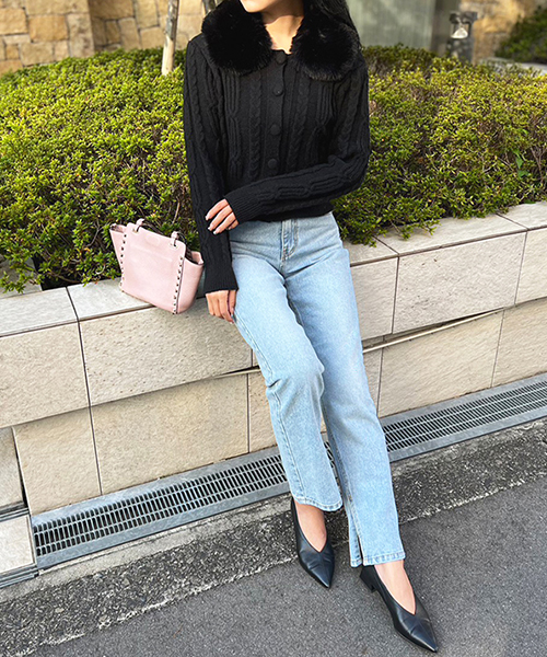 SALE】ファーカラーケーブルニットカーディガン/3カラー