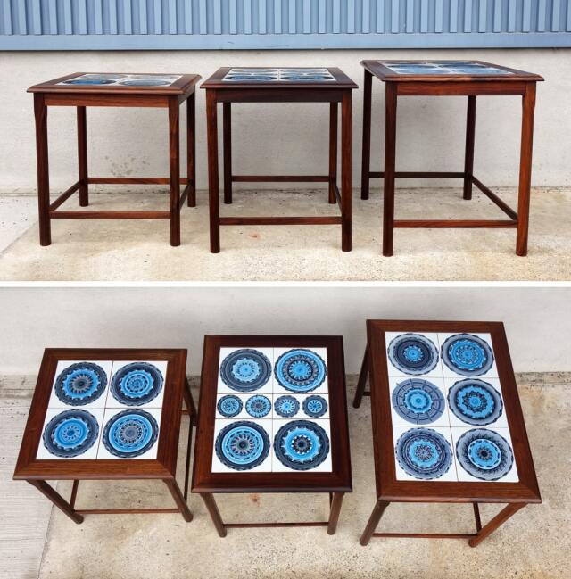 北欧ネストテーブル 青タイルトップ｜北欧ヴィンテージ家具店アンバー