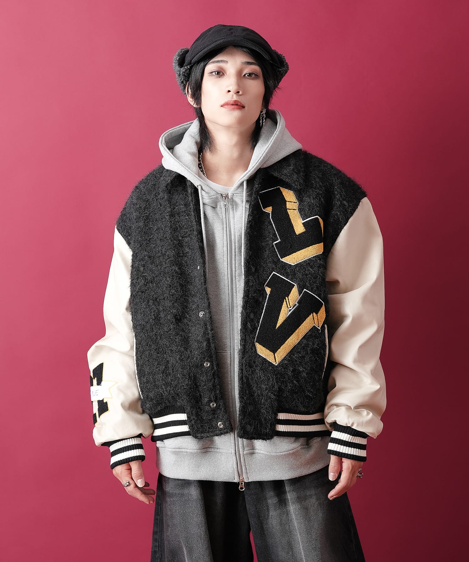 ボアファー×合成皮革コンビオーバーサイズスタジャン / メンズ