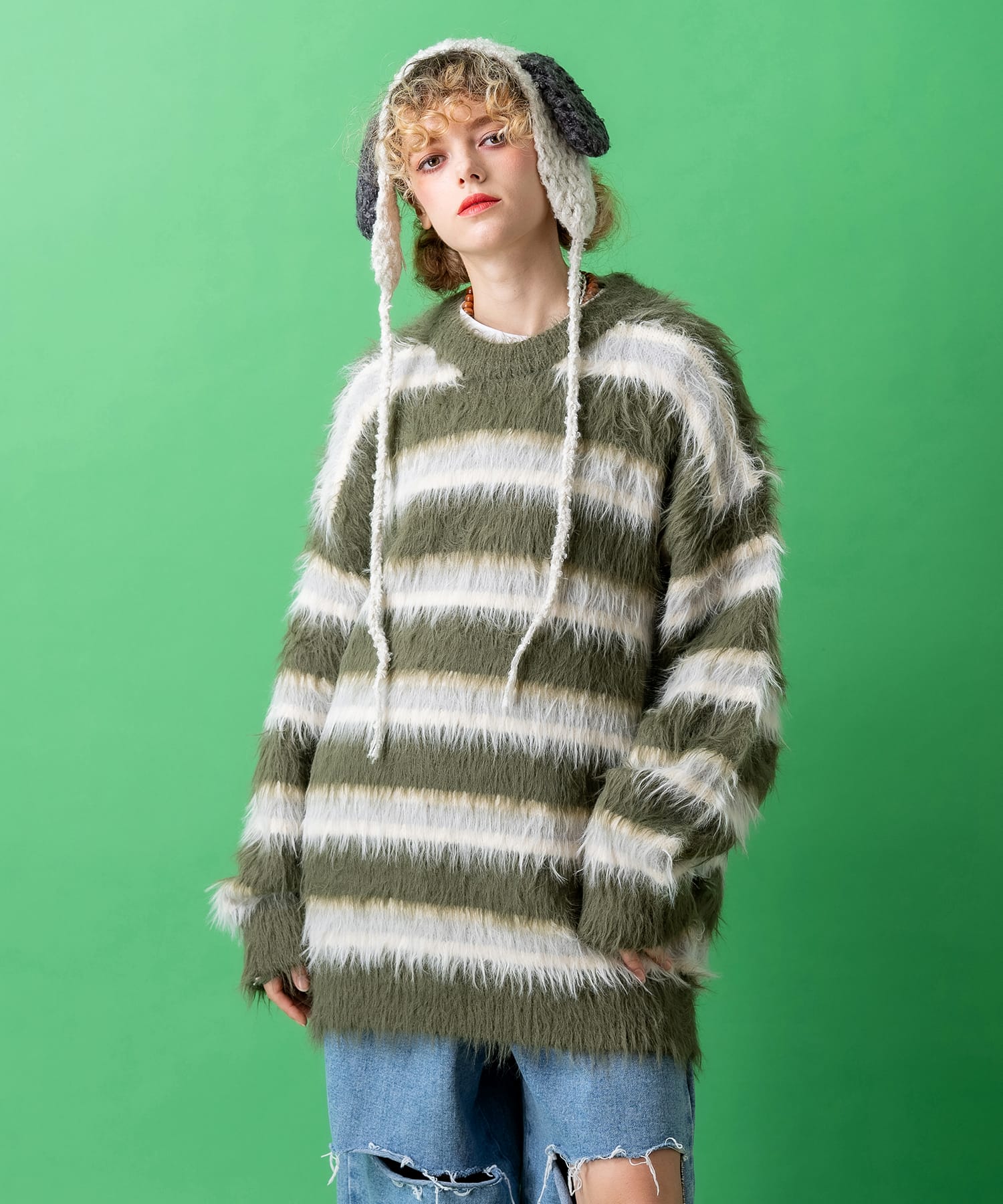 ボーダーシャギーファーニットセーター / メンズ レディース ユニ