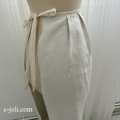 パリ発送】E1177 フランスアンティークリネンエプロン/タブリエ 手刺繍