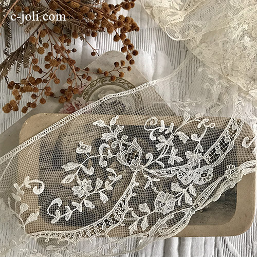 L2477 フランスアンティークレースつけ襟/レース衿 リネンチュールレース