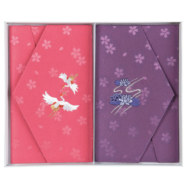 エステル桜綸子 金封ふくさ慶弔セット（二羽鶴・ピンク/蓮・紫