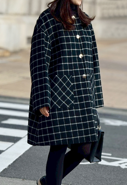 チェック柄リバーノーカラーコート【7f-146-07002】