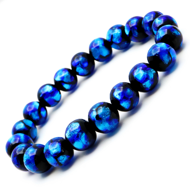 光る ホタルガラス ブルー 8mm ブレスレット とんぼ玉 青色 沖縄 琉球