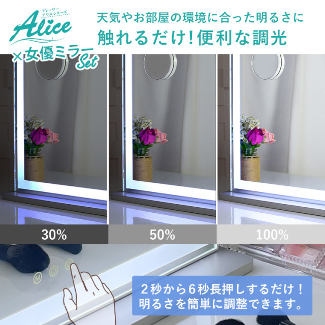 女優ミラー付 ドレッサーAlice スツール付 ワイド幅90cm ハイタイプ