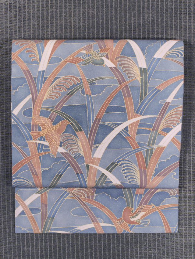 帯のアトリエ花邑 hanamura 銀座 「霞に水草と鳥文様 型染め 名古屋帯」