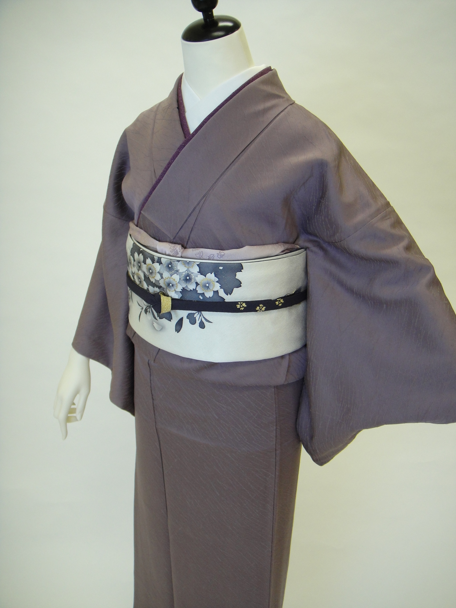 正絹色無地レンタル】 10082 灰紫地紋正絹色無地 袋帯フルセット