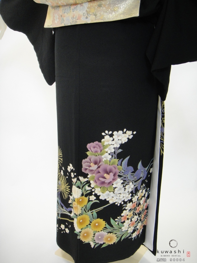 正絹黒留袖レンタル】 90004 四季花友禅黒留袖袋帯セット 【身長