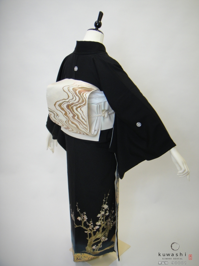正絹黒留袖レンタル】 90001 金彩梅流水黒留袖袋帯セット 【身長