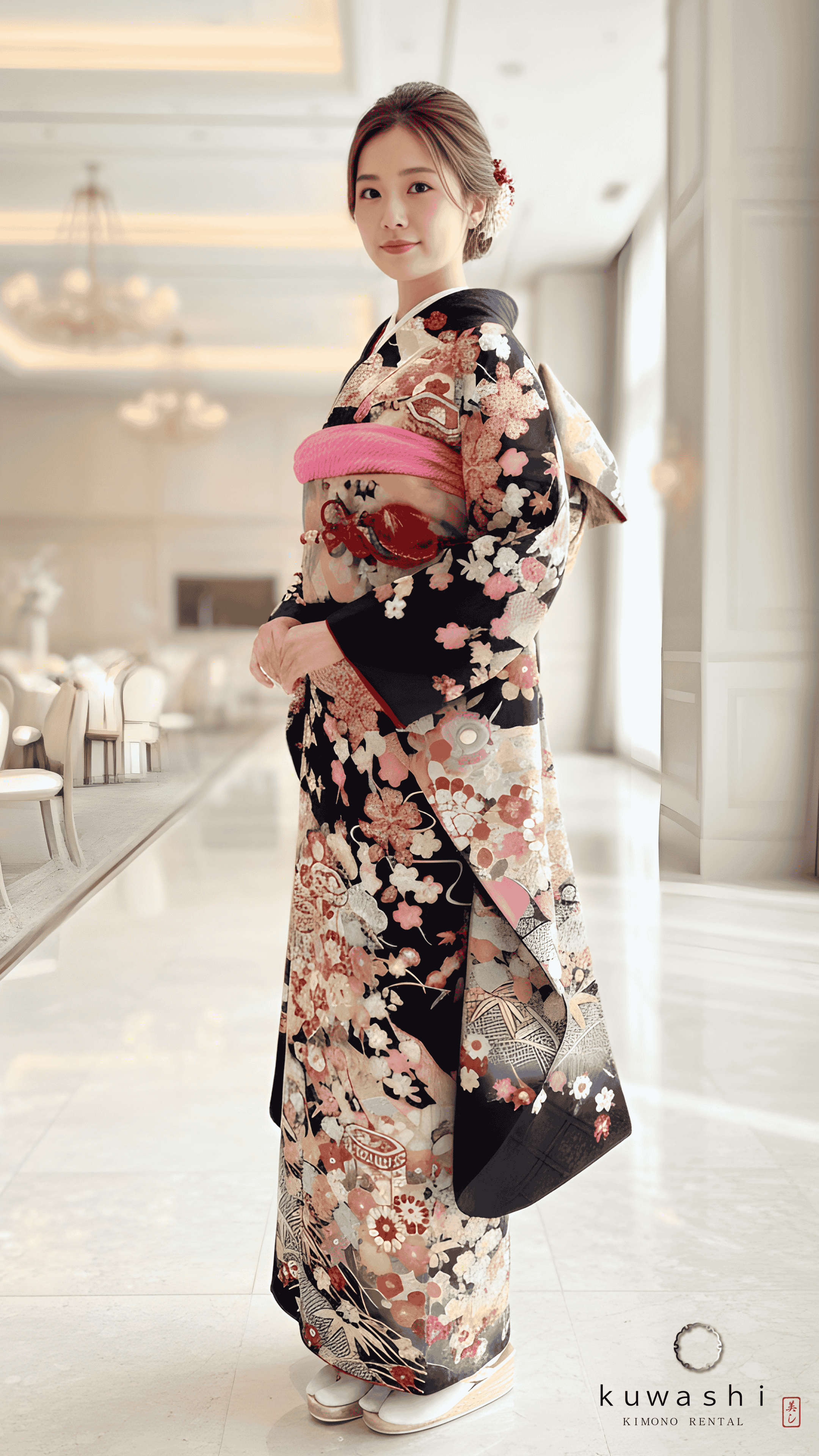 正絹振袖レンタル】 80030 黒地貝桶花流水正絹振袖袋帯セット