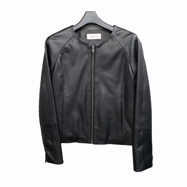 レディース ラム革 ノーカラー レザージャケット S/M/L/LL/3L ブラック