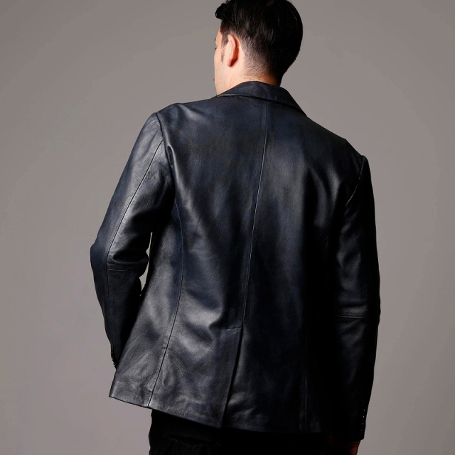 Mo-Laws ラム革 テーラードジャケット 2つボタン メンズ ネイビー M/L