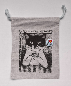 猫柄】カツミアート（松下カツミ）猫柄きんちゃく袋Mサイズ：コーヒー