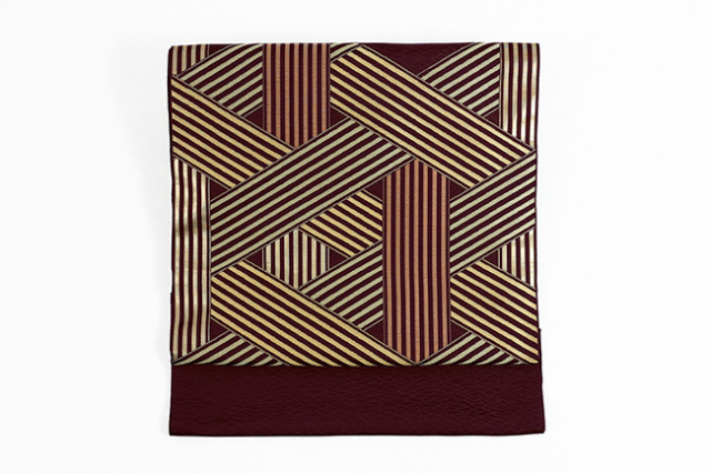 京都 西陣 となみ織物 正絹 九寸名古屋帯 幾何学 茶系