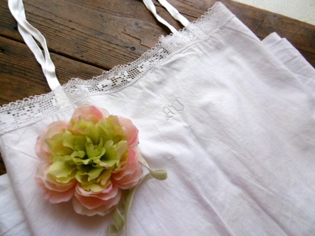 フランスアンティーク,コットン,レース,キャミソール,モノグラム入り,AO