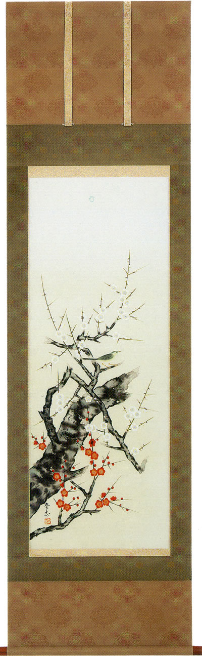 掛け軸 紅白梅に鶯 田中登志 尺五立 【通販】