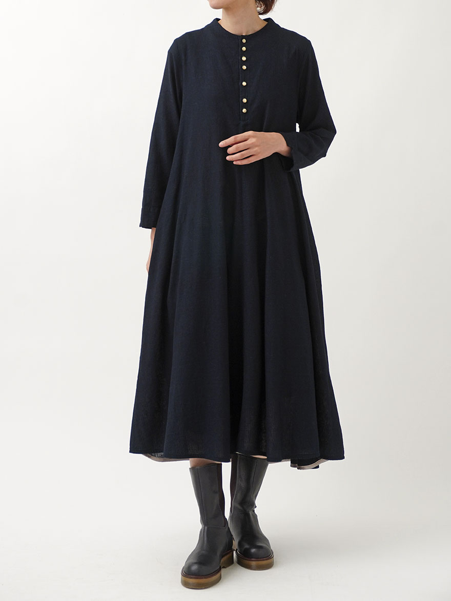 16／-インディゴガーゼボトル襟フレアーワンピース