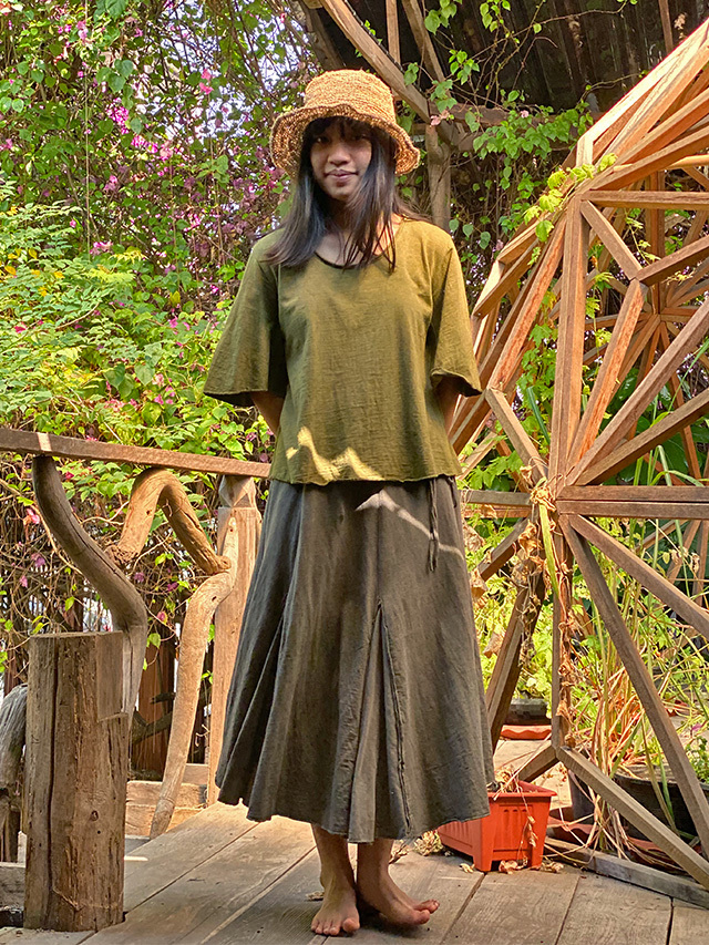 asana ヘンプコットン ひらひら 切り替え スカート・草木染め【パヤカ