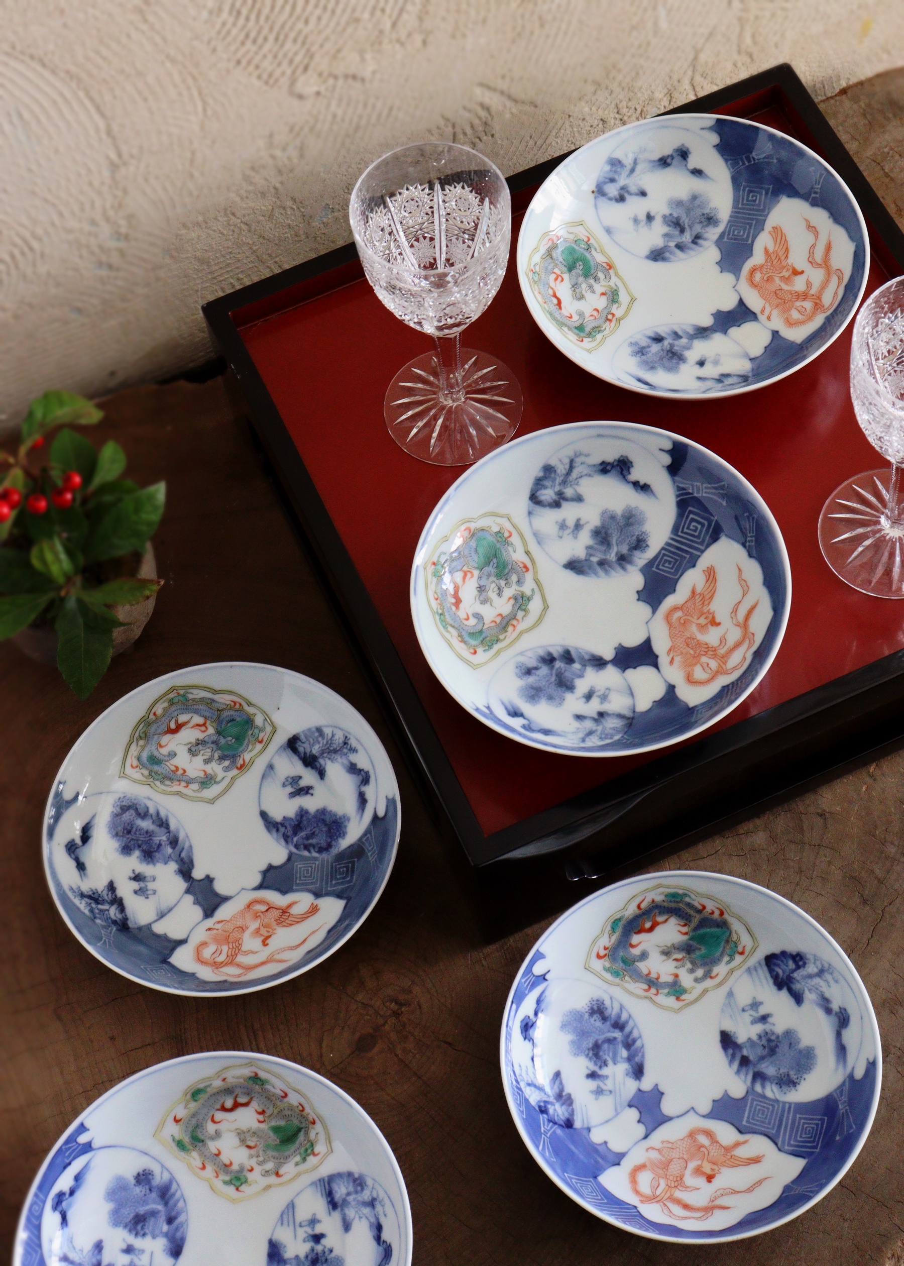 平戸焼 禮弓作色絵皿 5枚組 鳳凰龍紋色絵五枚