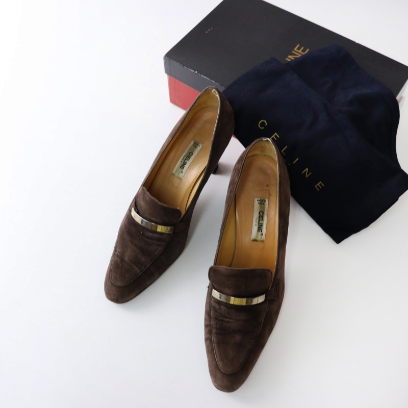 セリーヌ CELINE スエードヒールローファーパンプス 38/ダークブラウン