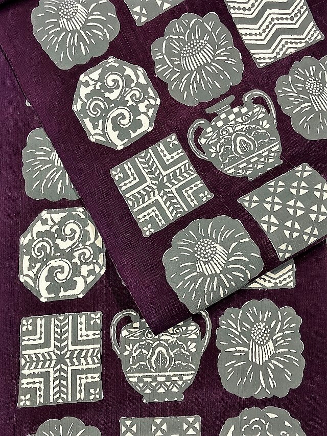 荒川眞理子 型絵染の世界 作品名「たからもの2」上田紬地 九寸名古屋帯