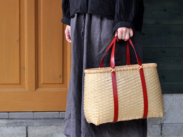 竹かご鞄 大 革手/買い物かご大 革手 －白/竹かご/かごバッグ
