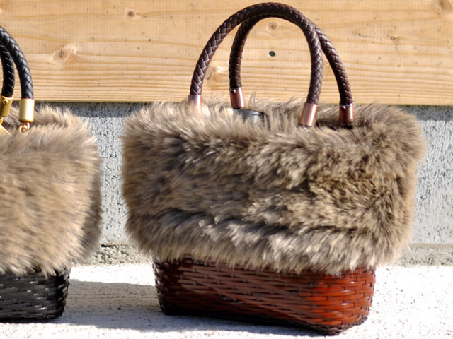 美品 フォックスファーバッグ かごバッグ 本革持ち手 天然素材 美品