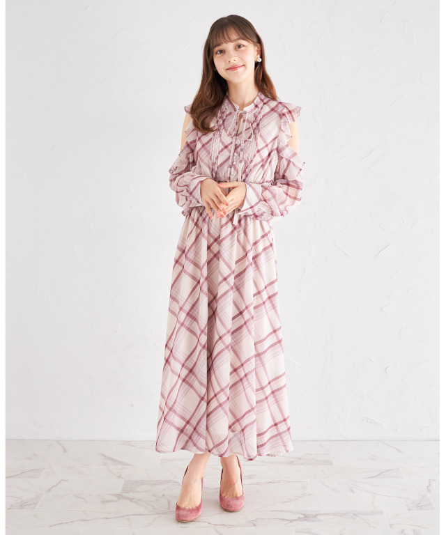 リボン付きフリルオープンショルダーウエストシャーリングチェック