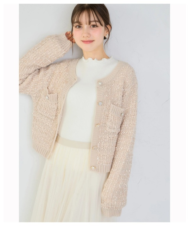 多種ビジュー釦ミックスニットジャケットライクカーディガン