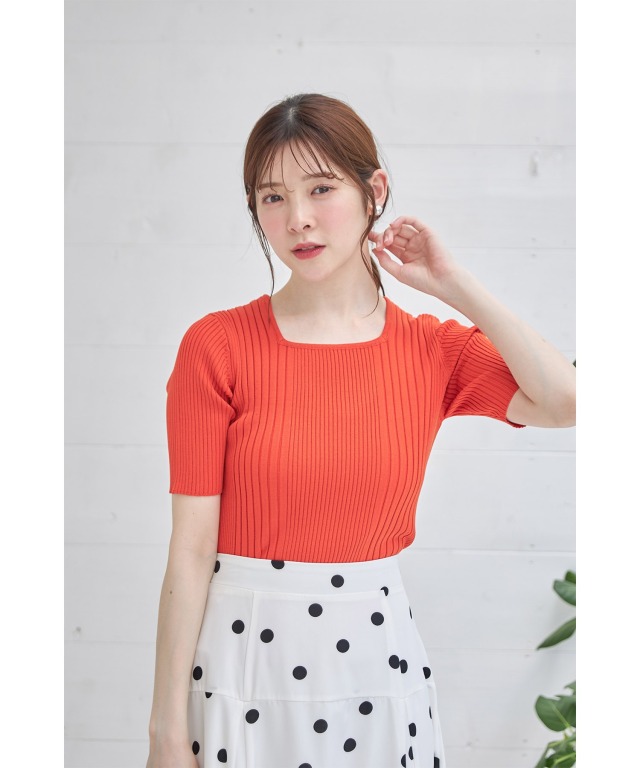 接触冷感♪スクエアネックランダムリブニットプルオーバー