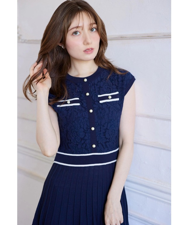 パール付きレース切り替えバイカラーニットワンピース