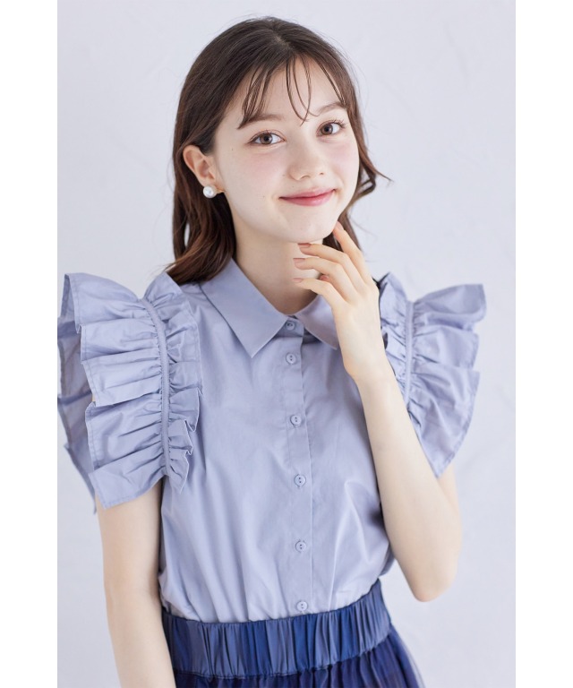 肩ギャザーフリル付きノースリーブコットンブラウス