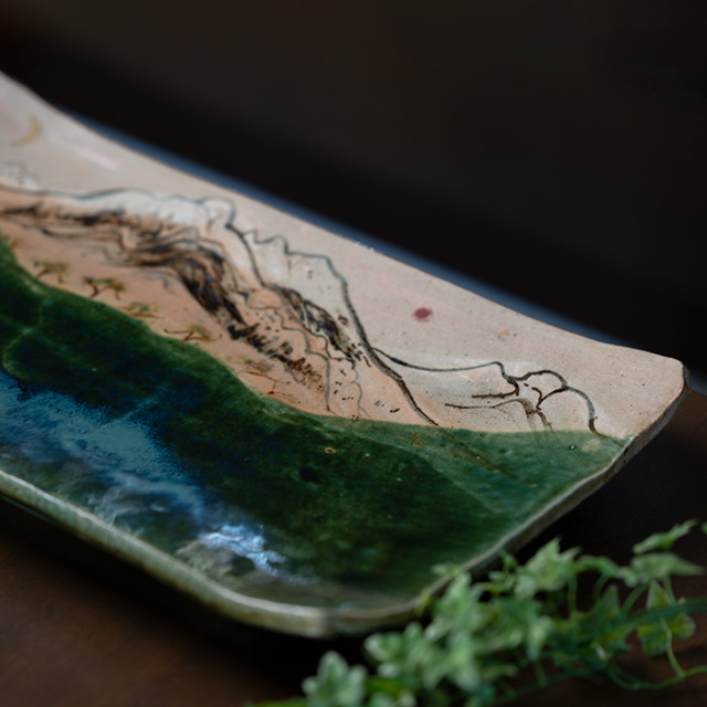 共箱付】京織部山文長方皿(YS-244) 作家「瀬津義雄」