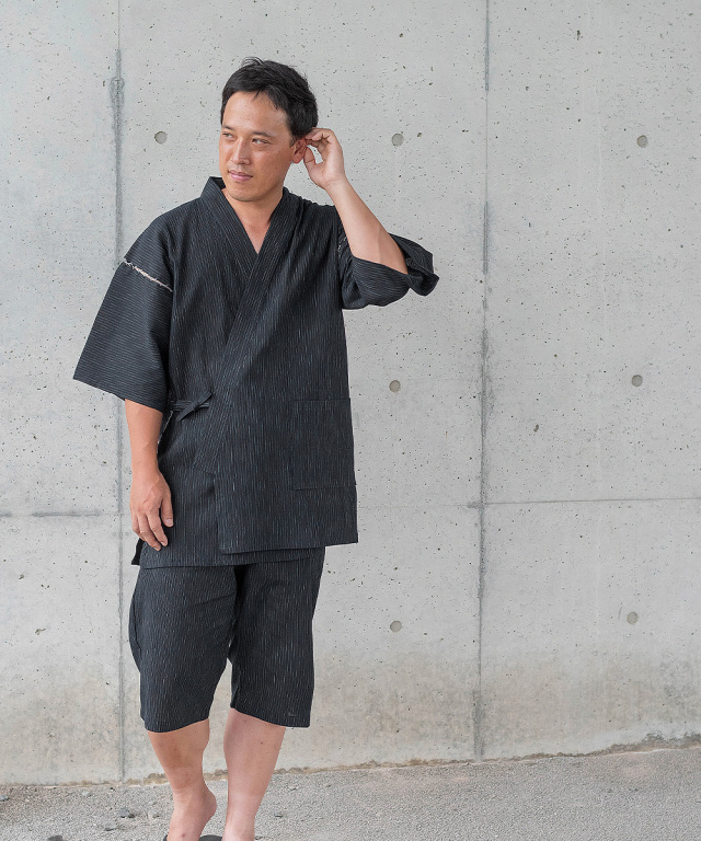 1501 近江ちぢみ絣織甚平 No.1 濃紺 (M-LL) ＜IKISUGATA＞ | 作務衣