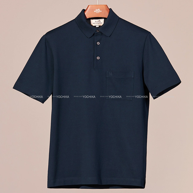 HERMES エルメス ポロシャツ メンズ ポケット付 H刺しゅう ＃XL マリン