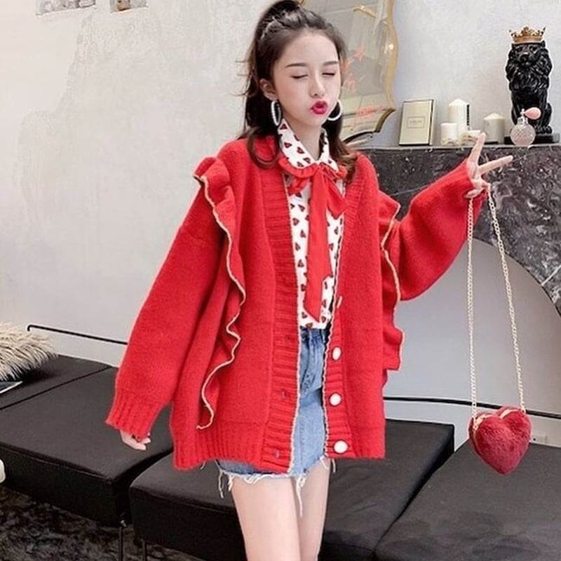 新品タグ付】3万 近年 カーディガン フリル ニット 袖フリル リボン258