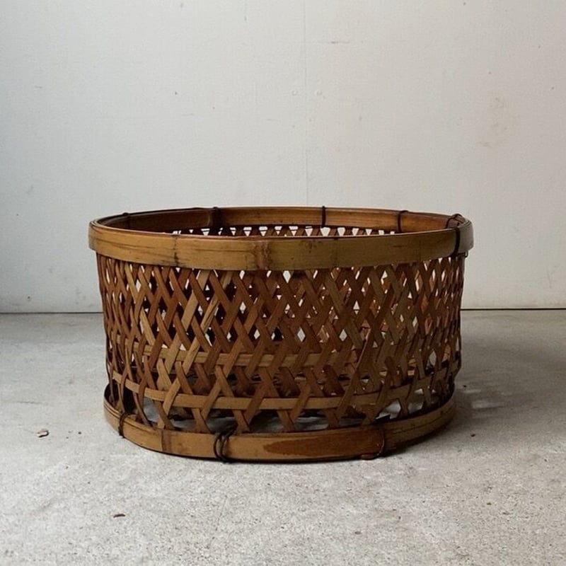 古い高台竹籠 円型 筒型 水切りかご 六つ目編み 小物入れ アンティーク