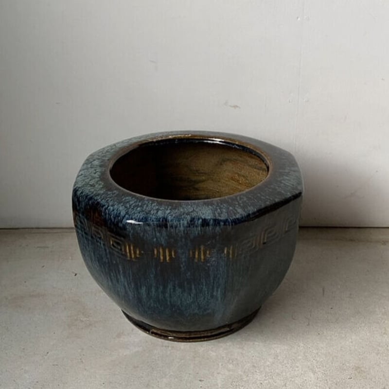 古い八角火鉢 幅40cm 海鼠(なまこ)釉 瑠璃釉 深海色 メダカ鉢 睡蓮鉢