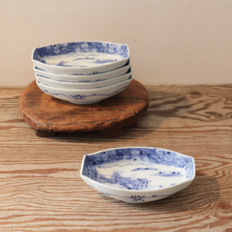 A003【中皿】九谷焼角福 舟形 印判染付け 5点 | うつわ屋 KOJI