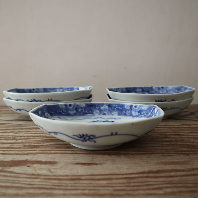 A003【中皿】九谷焼角福 舟形 印判染付け 5点 | うつわ屋 KOJI