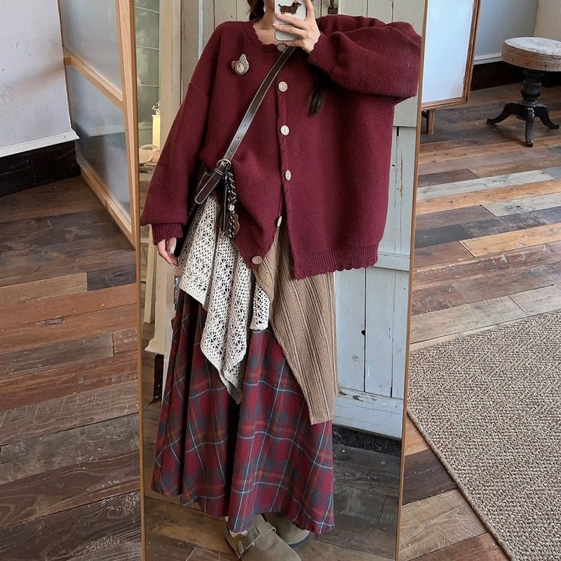 セットアップ カーディガン クマちゃん ロングスカート 不規則