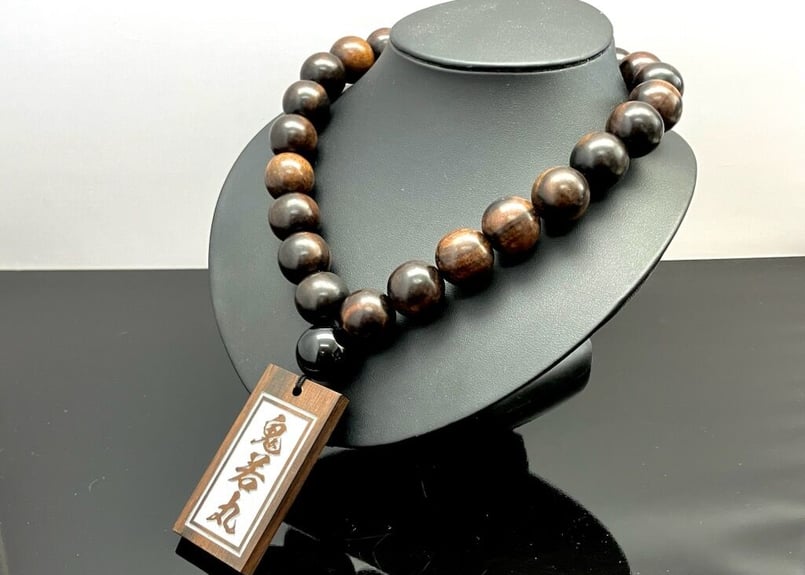 極太黒檀】鬼若丸☆木札付き数珠ネックレス☆縞黒檀札☆銀色☆祭