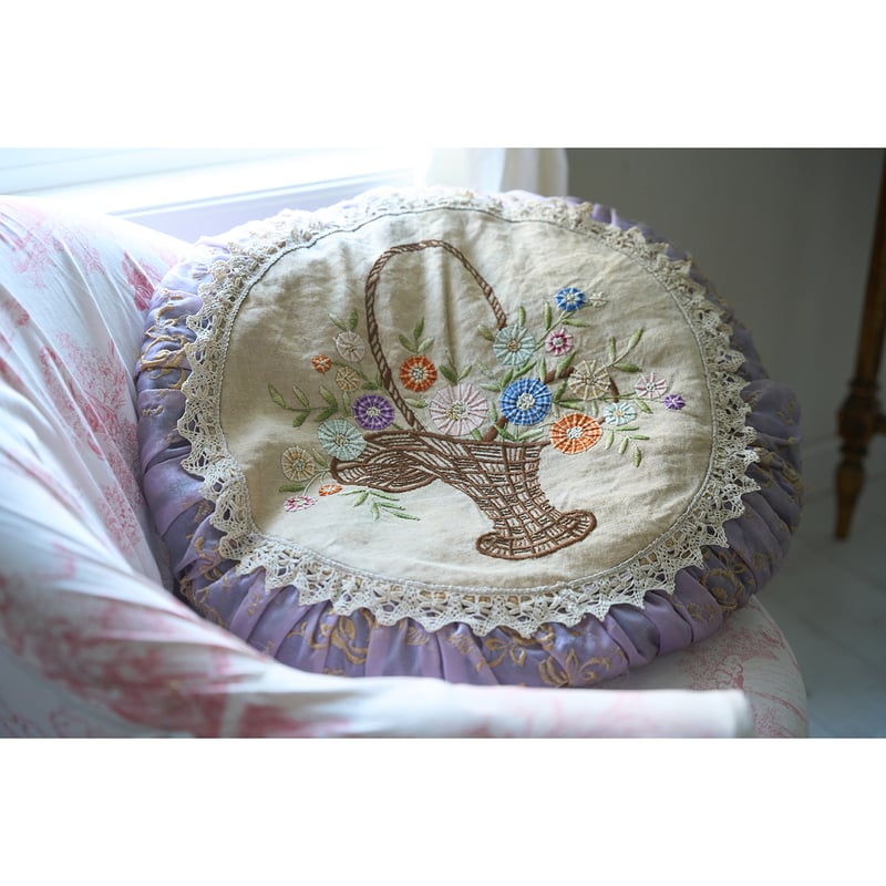 フランスアンティーク クッション 花籠 アンティーククッション 花柄