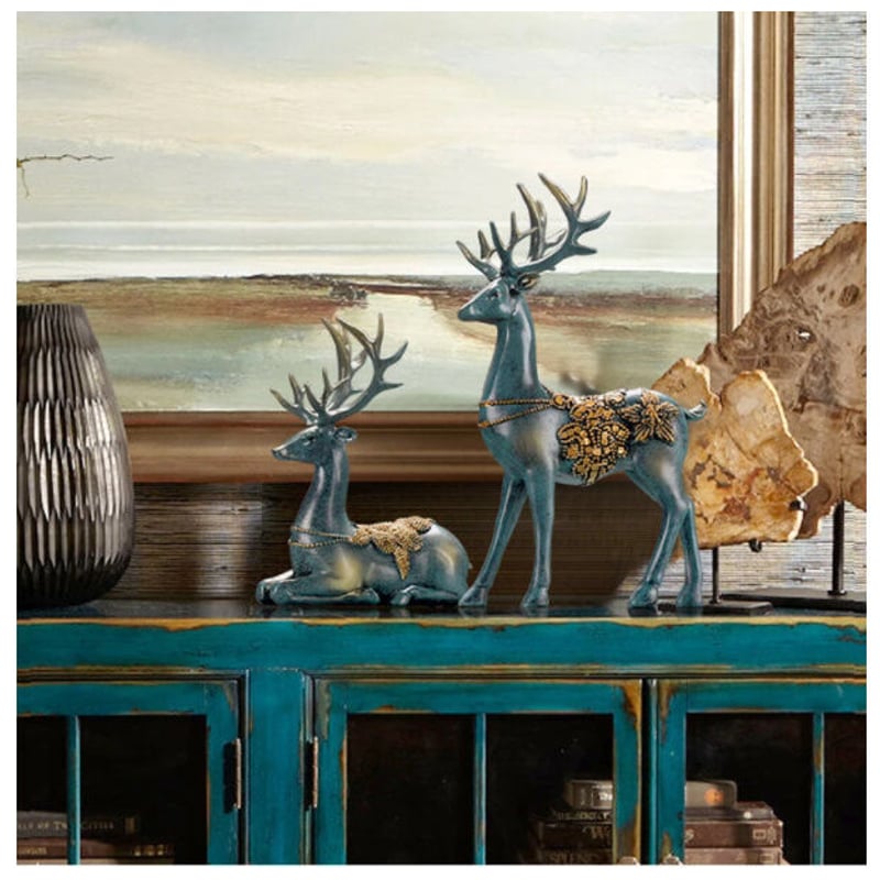 オブジェ】 鹿2対セット ブルー トナカイ 北欧 樹脂彫像 部屋装飾品