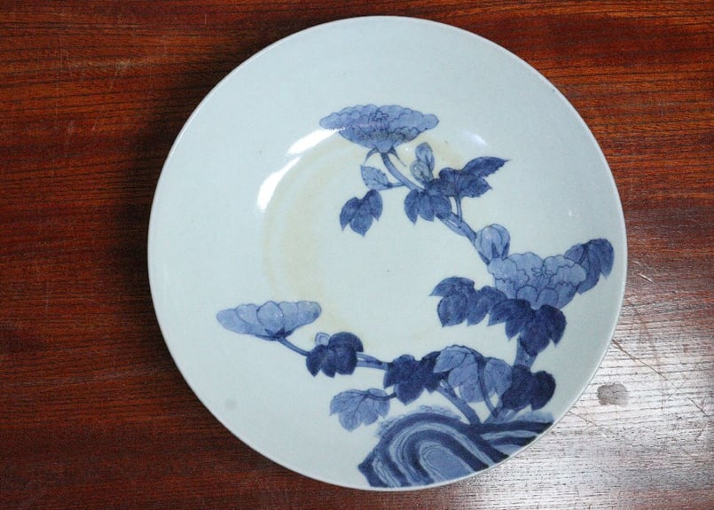 中国 染付 牡丹八卦紋中皿 古染 送料込み251007 中国 染付